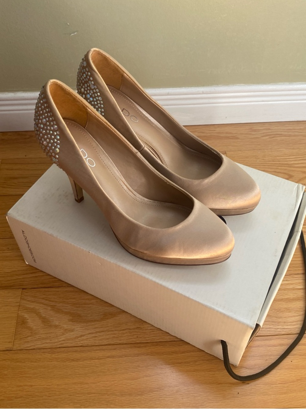 Aldo Champagne Satin Crystal-Studded Heel Pumps